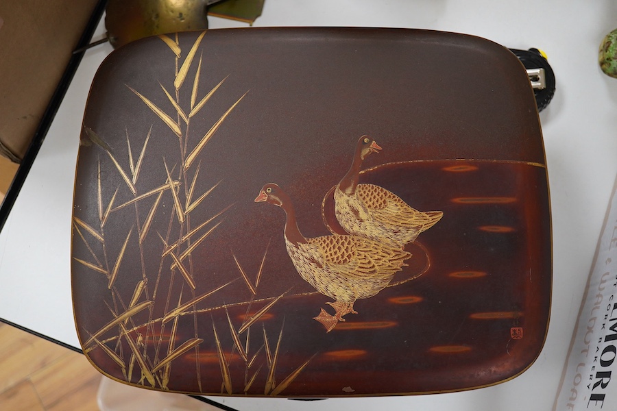 A Japanese red and gilt lacquer ‘geese’ box, 36cm wide. Condition - fair to good